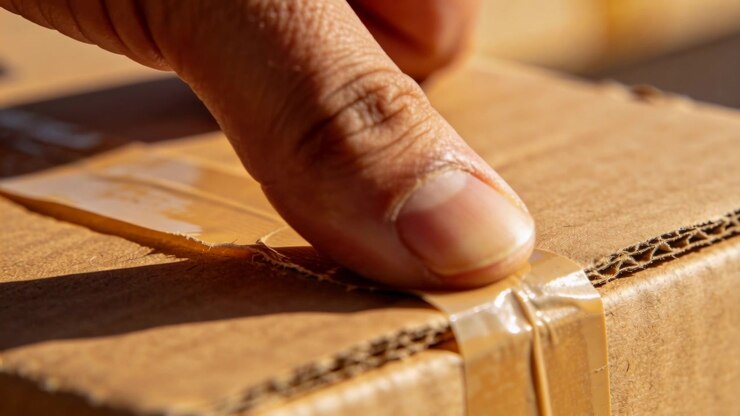 Peeling right index finger sliding nail under lifted tape tab on cardboard seam, opening box