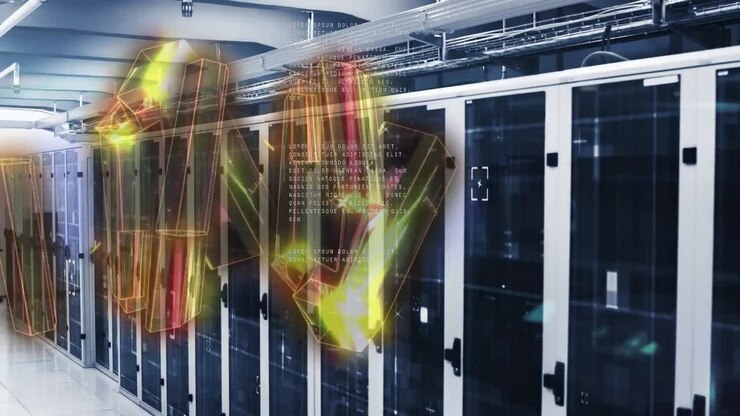 Animation of moving shapes and data processing over server room