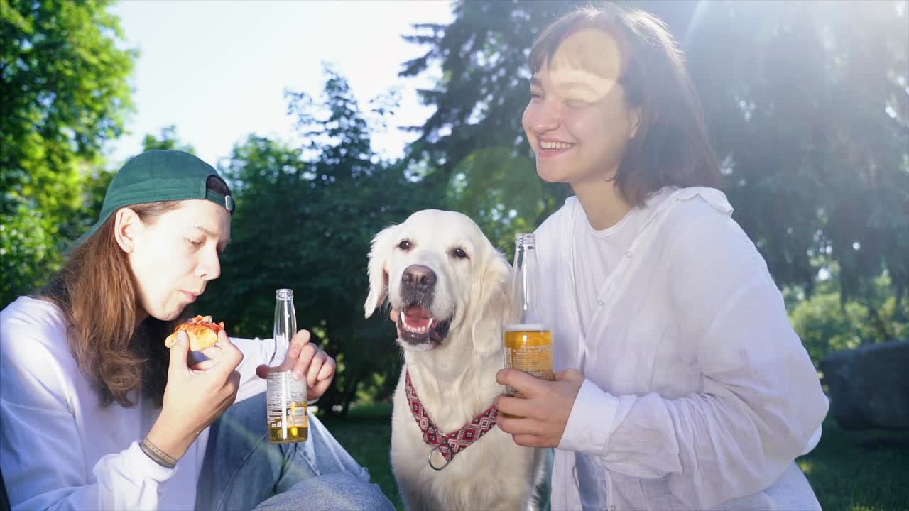 친구 들 이 개 와 함께 공원 에서 피크닉 을 즐기고 있다