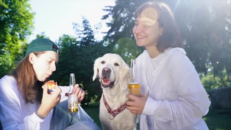 amigos disfrutando de un picnic en el parque con su perro