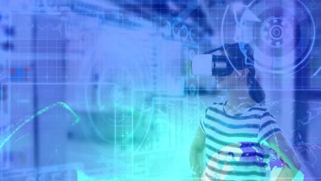 animación del procesamiento de datos sobre una mujer que usa auriculares vr