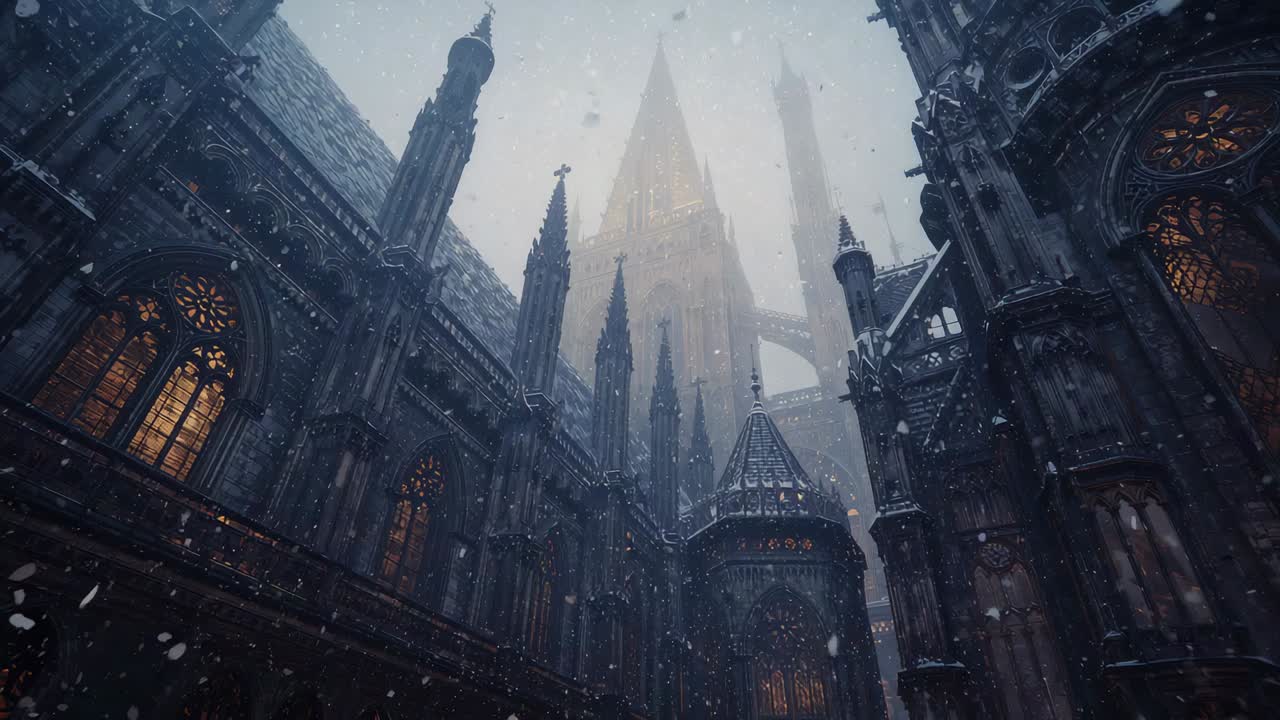 Tilting camera revealing huge Gothic cathedral rising through fog in narrow courtyard, lit windows