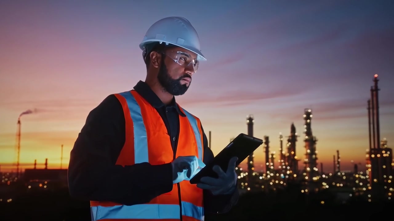 Engineer Using Tablet at Oil Refinery During Sunset