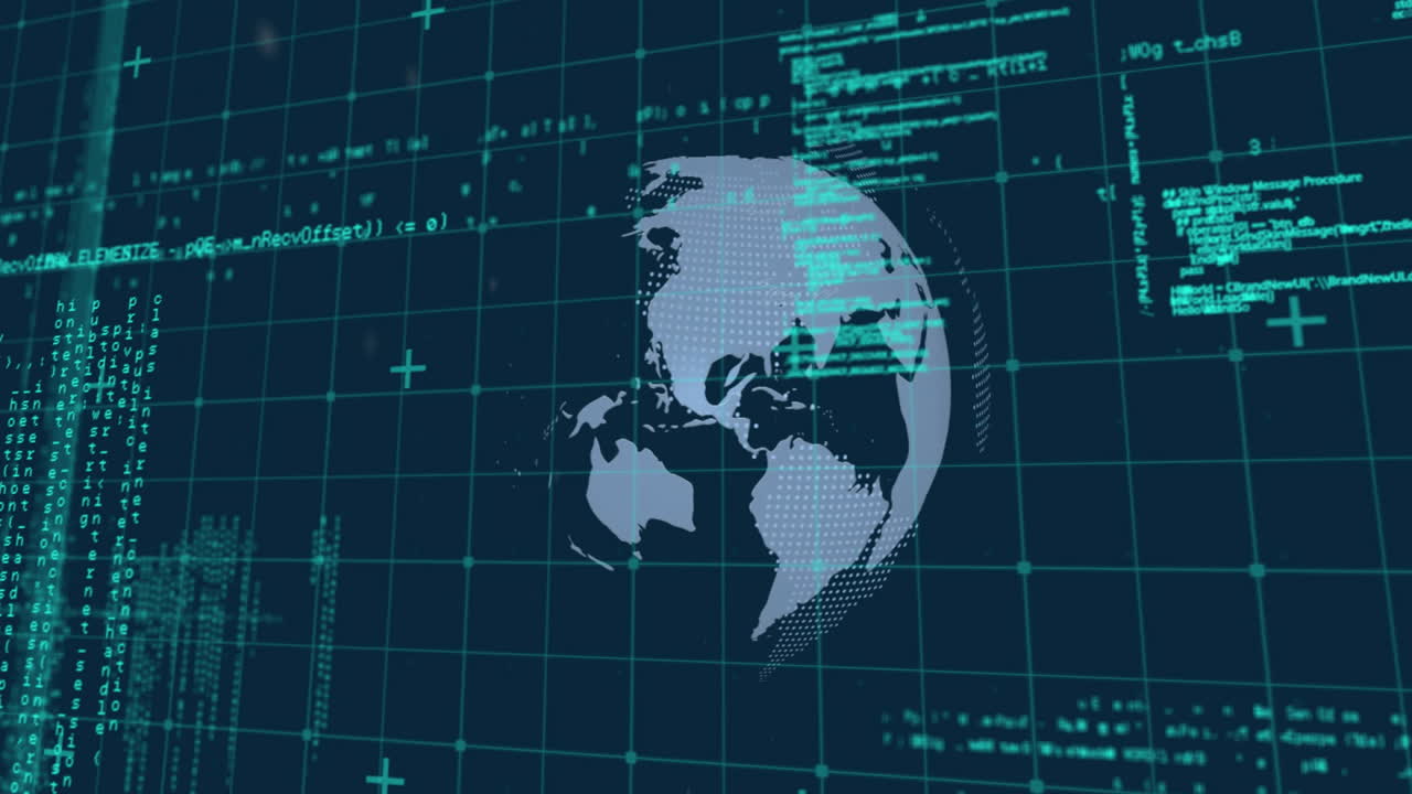 Digital globe animation over binary code and data visualization background