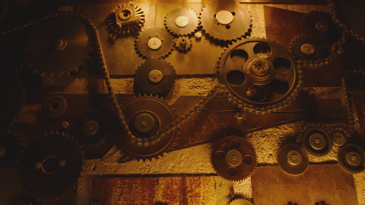 cámara que se mueve en la pared decorada con mecanismo de engranajes metálicos y lámparas de estilo loft. interior con diseño de estilo industrial. movimiento lento de primer plano. luces intermitentes.
