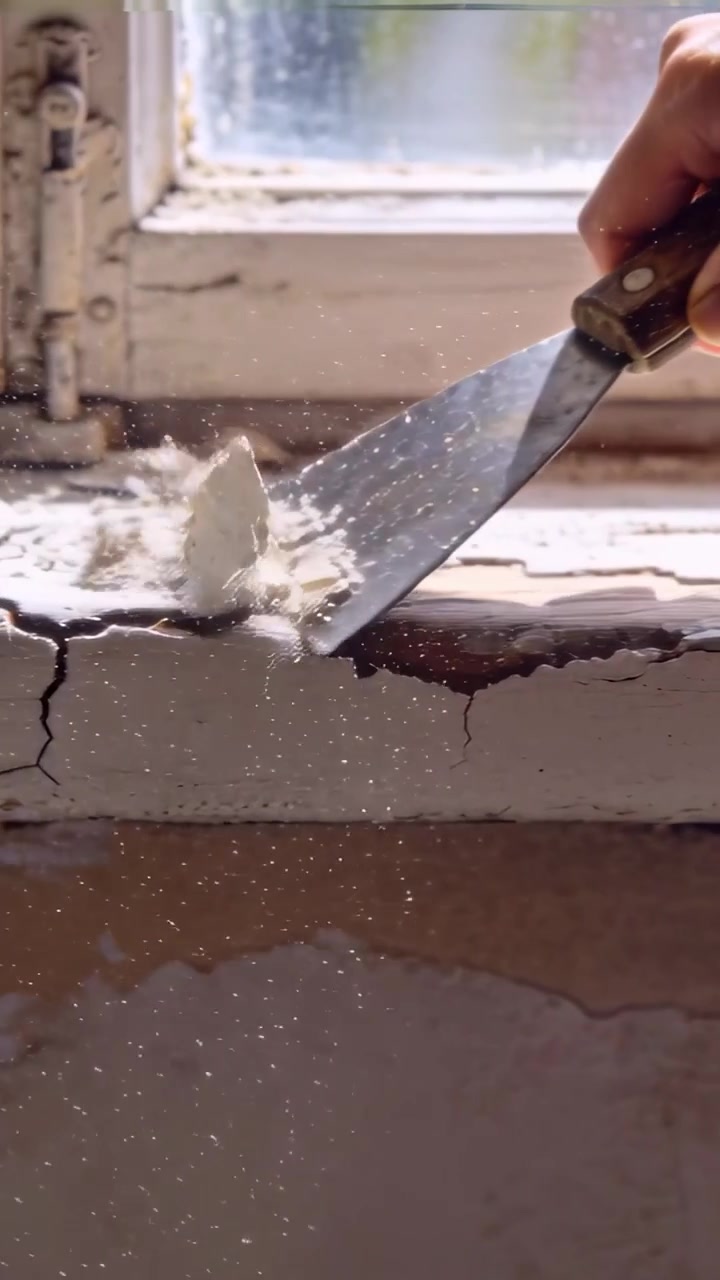 Video verticale: Sollevando la lama, mano che raschia il davanzale a casa con una spatola per ridipingere, spazio per il testo