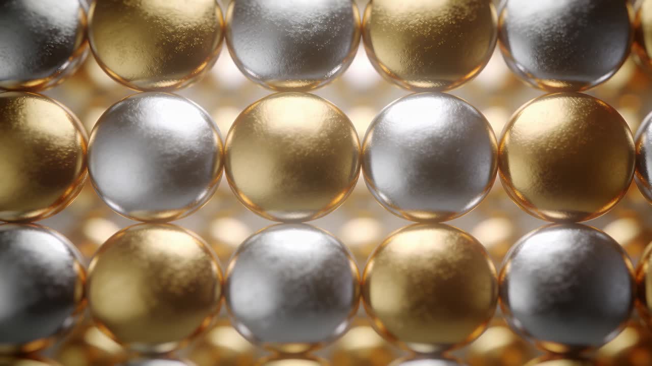 Luce mutevole che provoca una griglia di sfere metalliche che rivela una lucentezza scorrevole in studio, alternando oro e argento