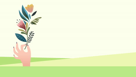 animación de la mano con el icono de la flor en fondo verde