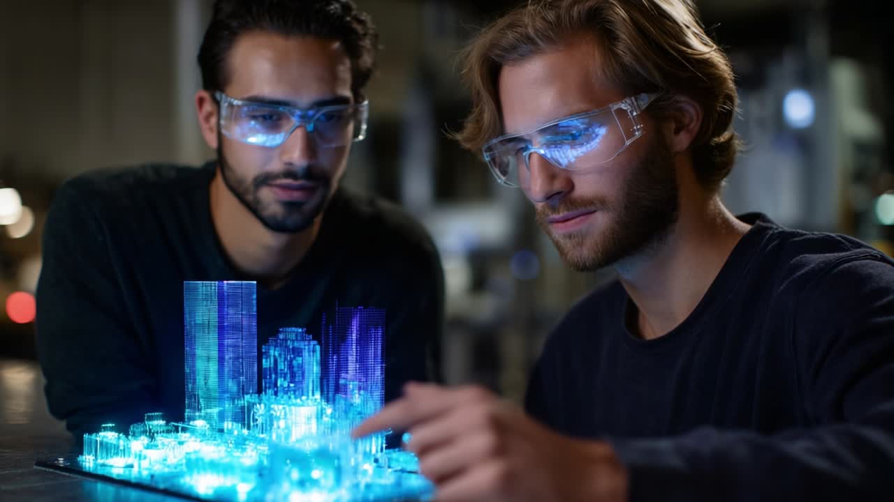 Two young men wearing protective glasses are intently examining a futuristic holographic city model, showcasing advanced digital design and innovative technology as they interact with its glowing elements