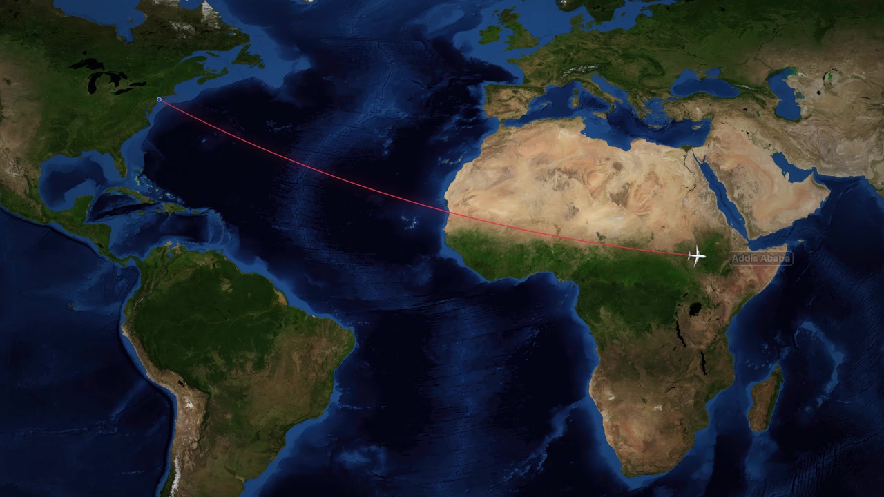 Satellite map animation tracks an airplane flying from New York to Addis Ababa Ethiopia