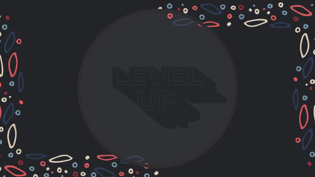 Animation of level up text over shapes on black background