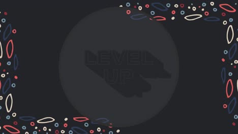 Animation-of-level-up-text-over-shapes-on-black-background