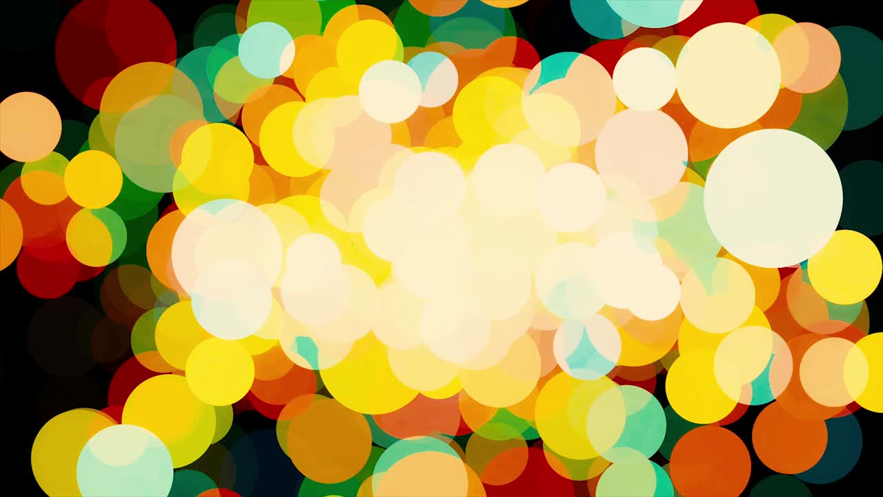 추상적인 반이는 입자, 검은 바탕에 밝은 콘페티 효과, 애니메이션, 혼란스럽게 날아다니는 숨막히는 흐릿한 원, 원활한 루프