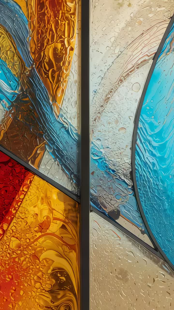 Vertical video: Panning camera revealing stained glass inside, exposing blue curve and metal came