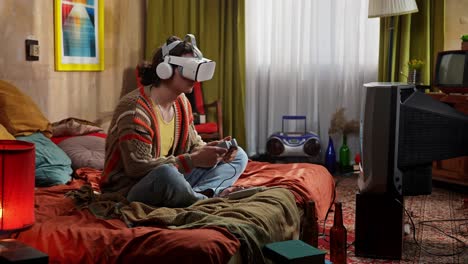 Person Playing Video Games in a Retro Bedroom