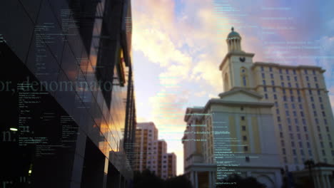computer code animation over urban cityscape with modern and classical buildings