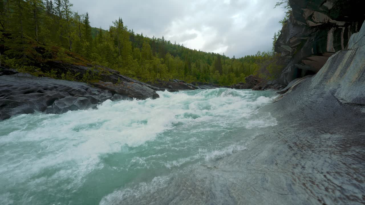 Powerful River Rapids in Mountain Forest