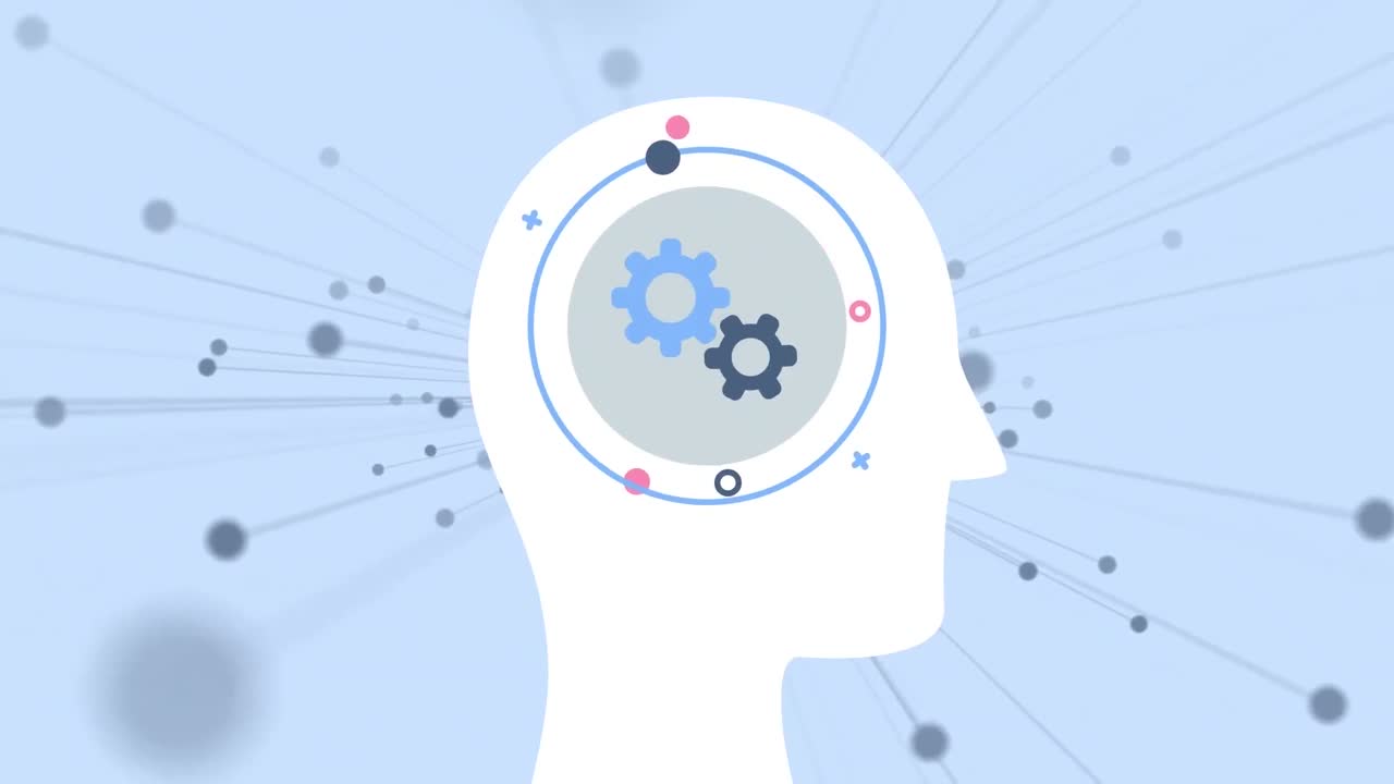 animación de puntos sobre la cabeza con engranajes giratorios sobre fondo azul