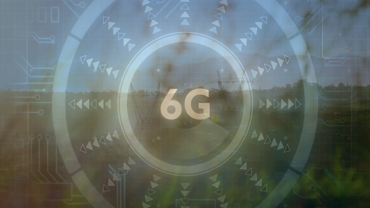 6G technology animation overlaying digital interface on rural landscape scene