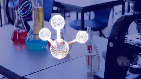 Animation of molecule over science equipment in classroom