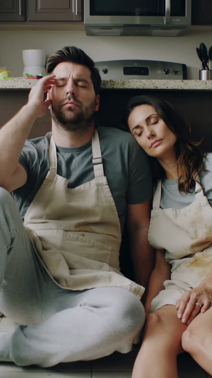 Vídeo vertical: Casal recostado descansando no chão da cozinha após uma sessão de culinária bagunçada, mostrando aventais manchados.