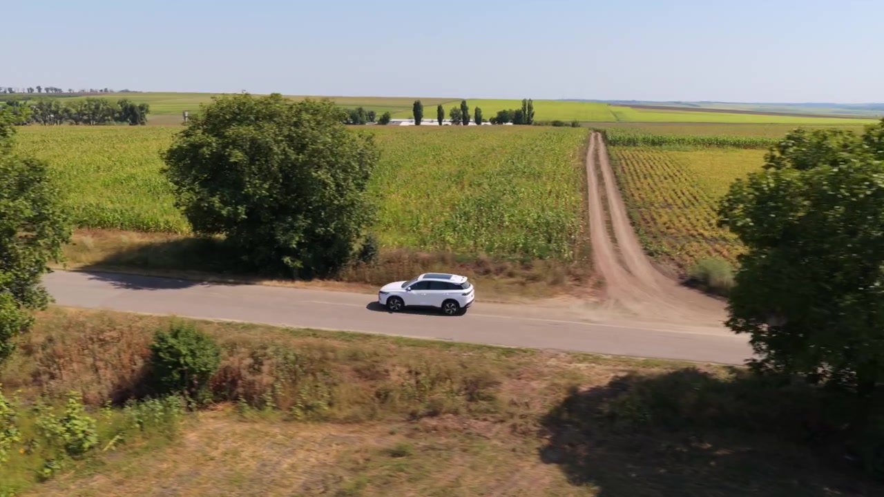 Vista aerea con drone di un SUV bianco che guida su una strada di campagna delimitata da campi agricoli verdi sotto il cielo estivo. Moldova