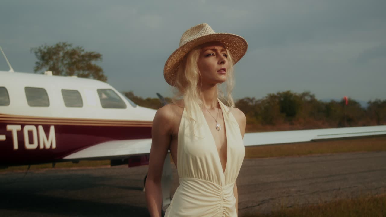 Woman in a straw hat by a private jet