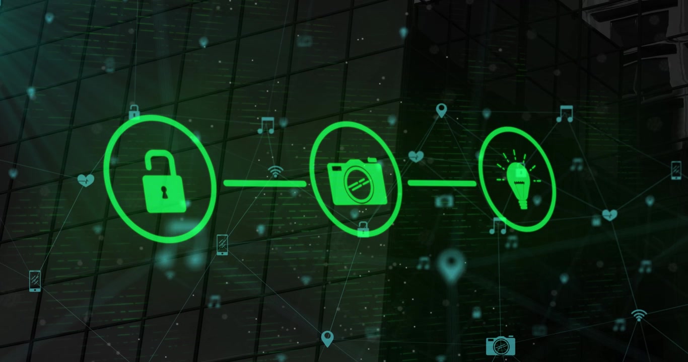 Video depicts a glass office with digital icons symbolizing a global computer network.