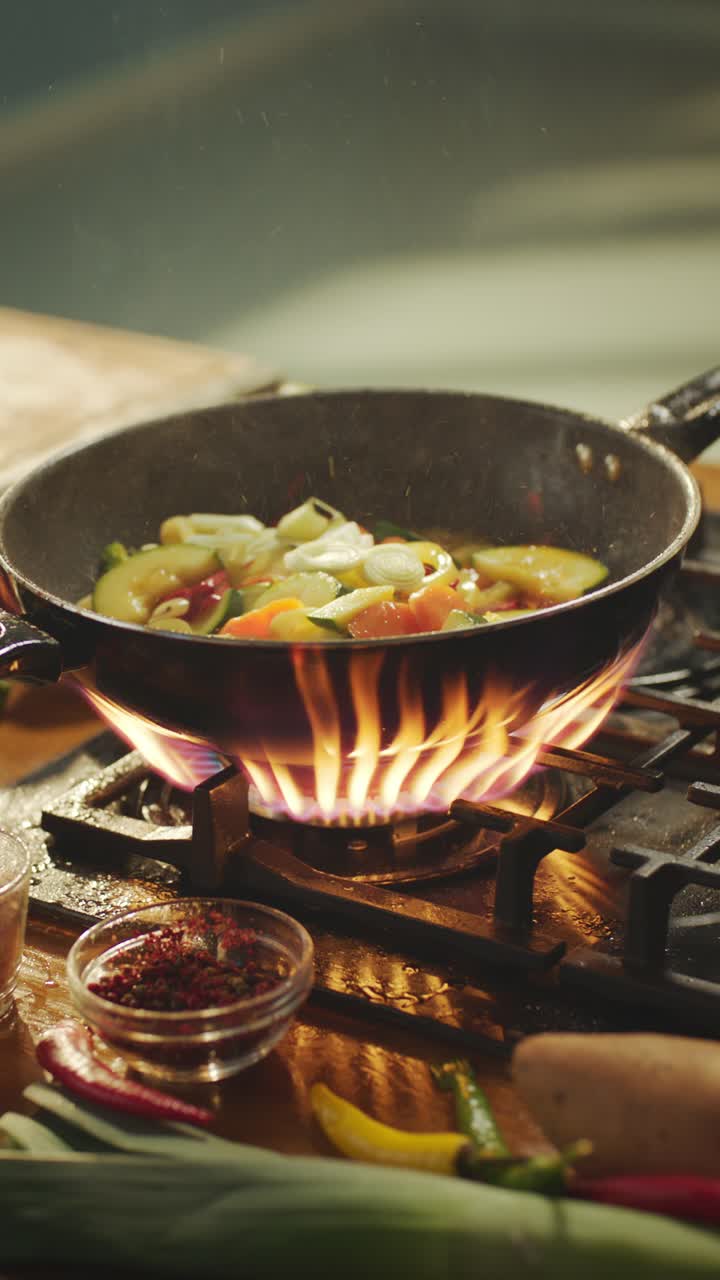 Cooking Vegetables in a Wok on a Gas Stove