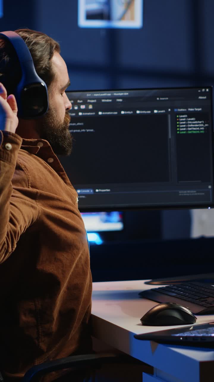 Focused Programmer Working on Computer Code at Night in Office