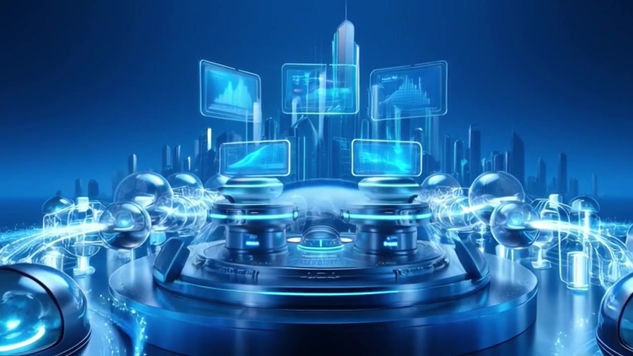 Futuristic Digital Cityscape with Floating Data Interfaces and Glowing Spheres