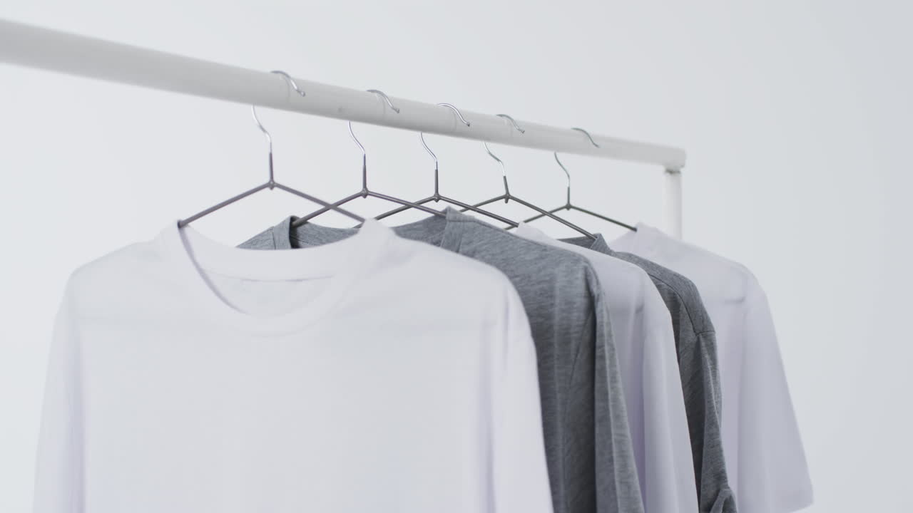 Video of white and grey t shirts on hangers and copy space on white background
