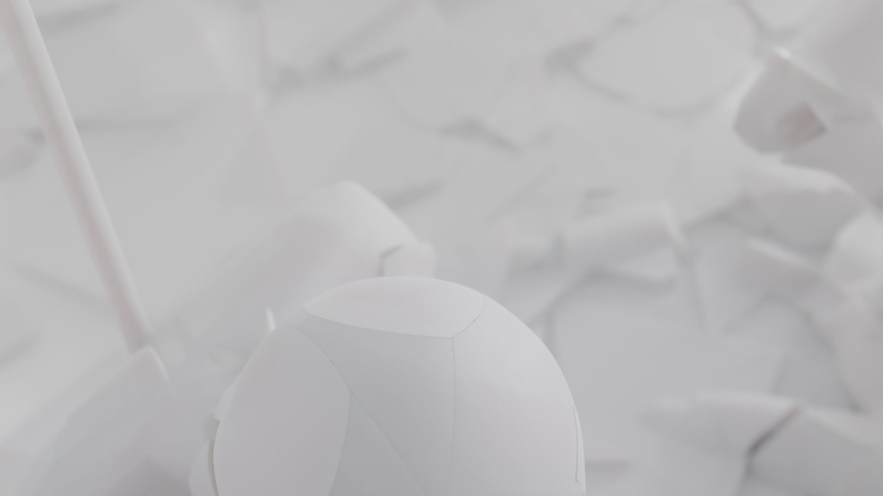 Crushed android shells on spikes on a foggy, white junkyard