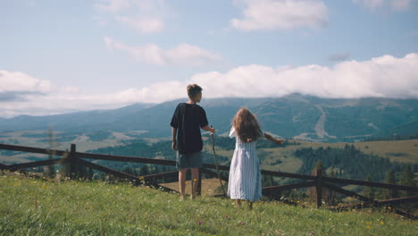 siblings enjoying a scenic mountain view