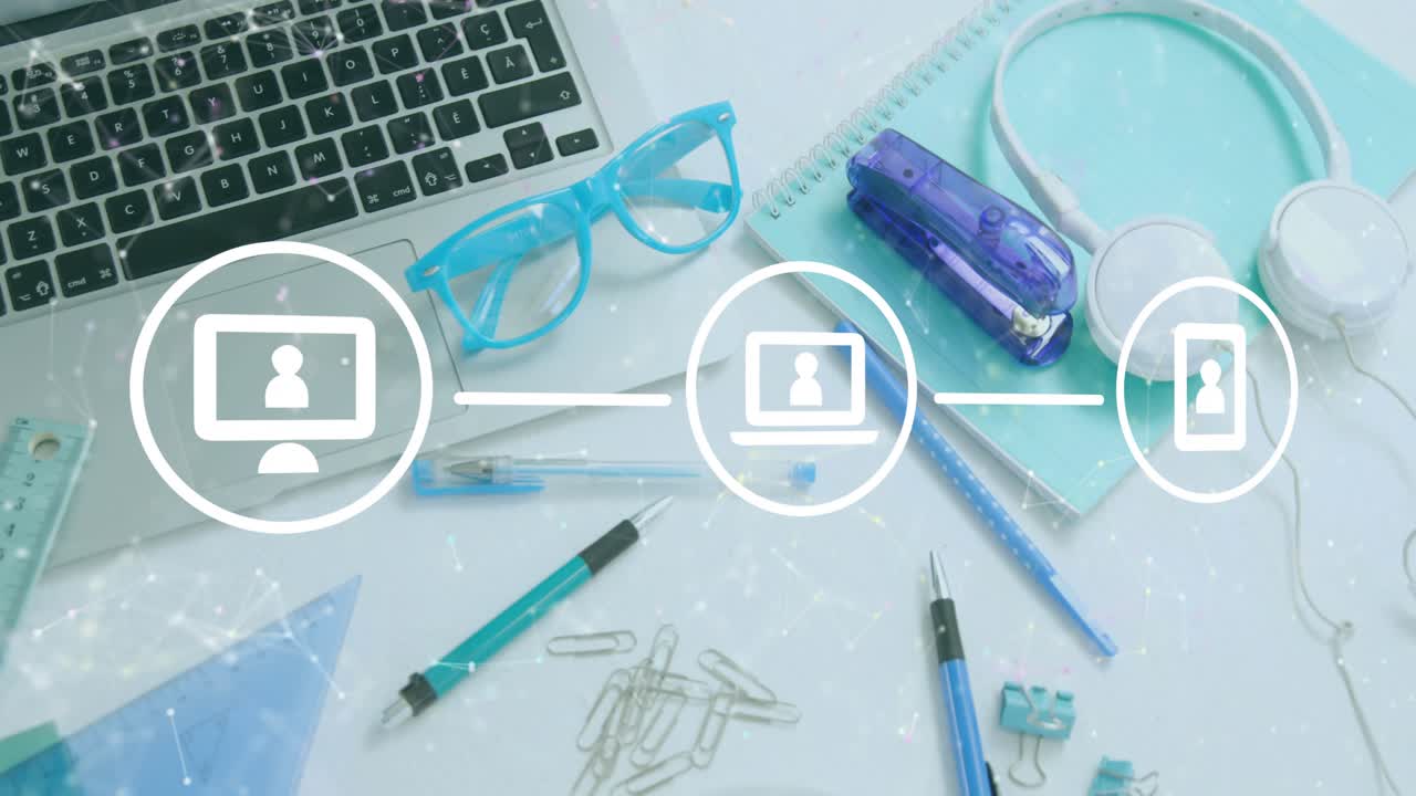 Desktop icon appearing, laptop fading, linking smartphone, coffee cup swapping accessories