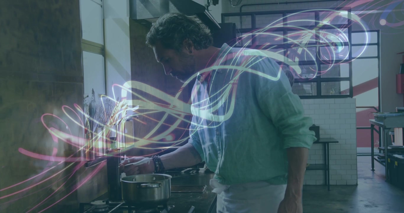 Chef stirring pot, light ribbons rising at counter weaving, evoking scent, fading as peer entering