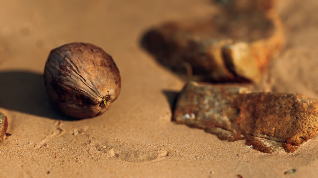 coco en la playa de arena al atardecer