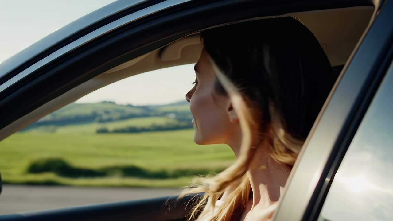 Woman enjoying the breeze on a scenic road trip