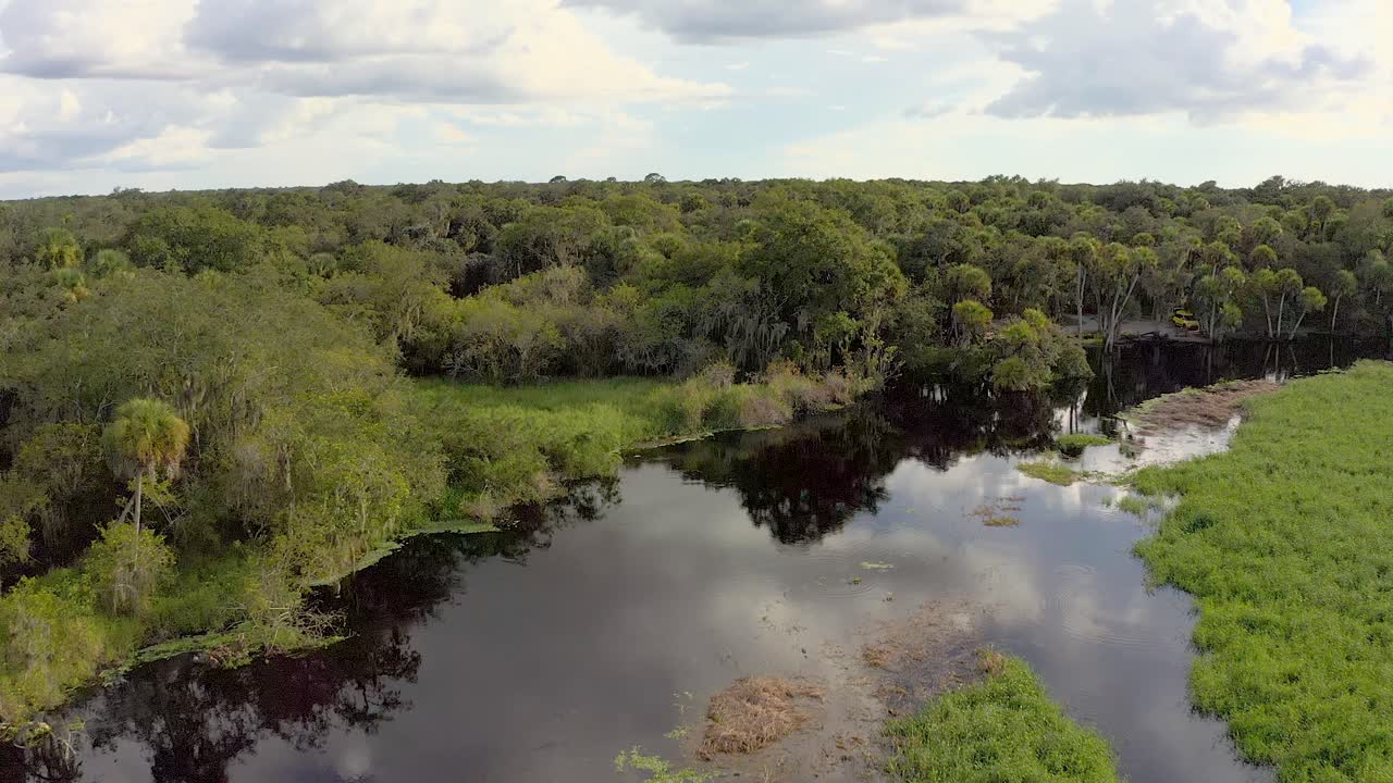 Aerial drone footage captures a scenic winding river meandering through a lush green wetland Myakka River State Park Florida