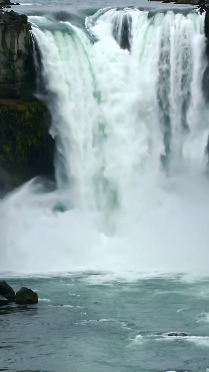 Video verticale: Fiume che si riversa alimentando una cascata su una scogliera rocciosa in una pozza d'acqua, creando nebbia