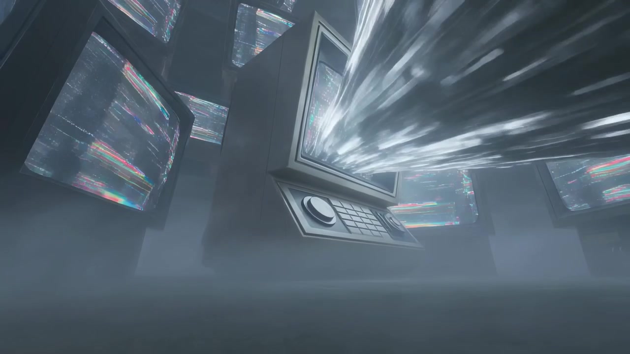 Projecting retro terminal keypad dial sending light beam in control room, CRT monitors glitching