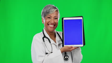 Woman,-doctor-and-tablet-mockup-on-green-screen