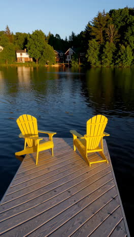 yellow adirondack chairs on a lake dock at sunset