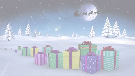 Animation-of-christmas-tree-over-winter-scenery-with-santa-claus