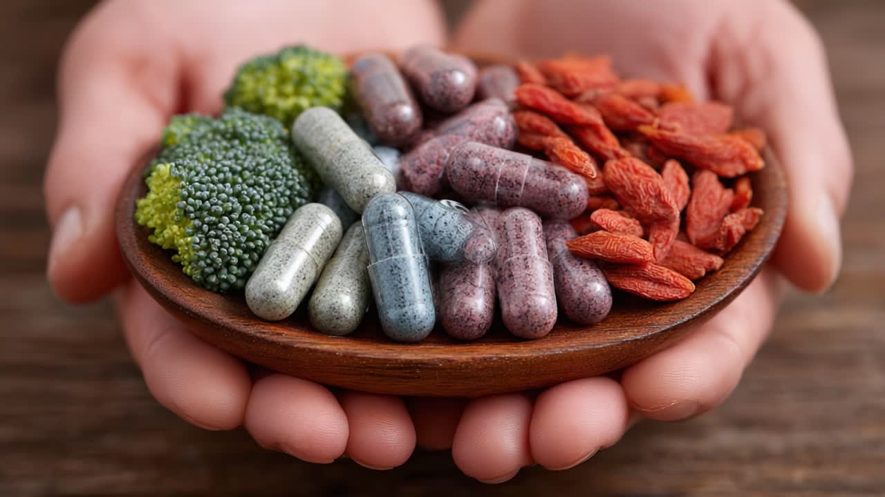 A close-up view of a person's hands holding a wooden platter filled with colorful dietary supplements alongside fresh broccoli and goji berries, emphasizing nutrition and health benefits