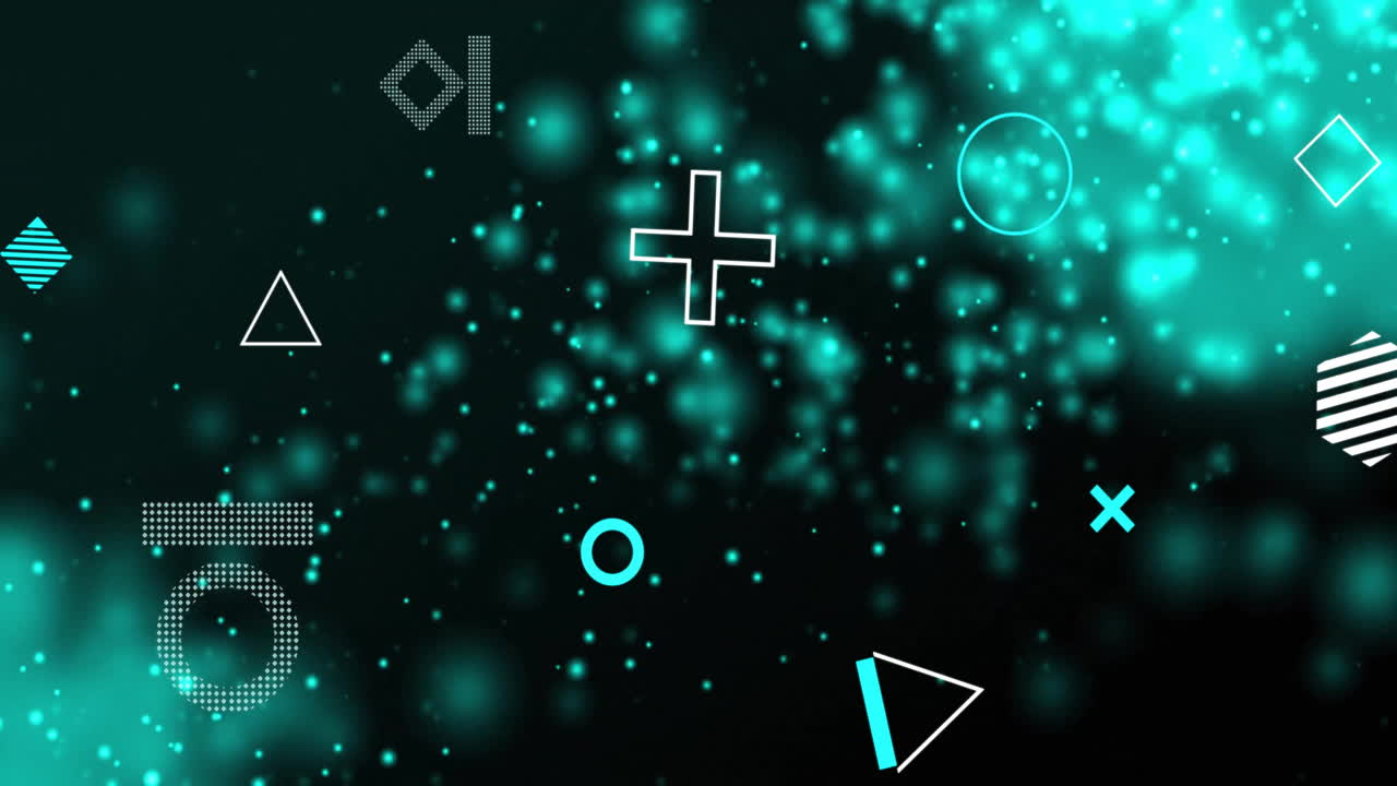 Animation of rotating shapes over glowing blue light particles on black background