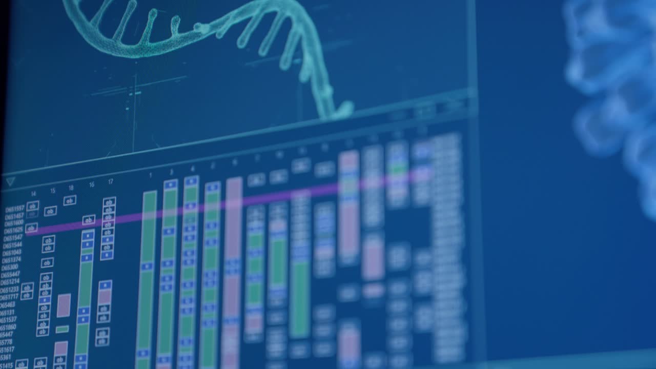 coronavirus y modelos de adn en la pantalla de la computadora. estudiando el daño del adn