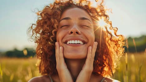 joyful woman smiling in a sunny field