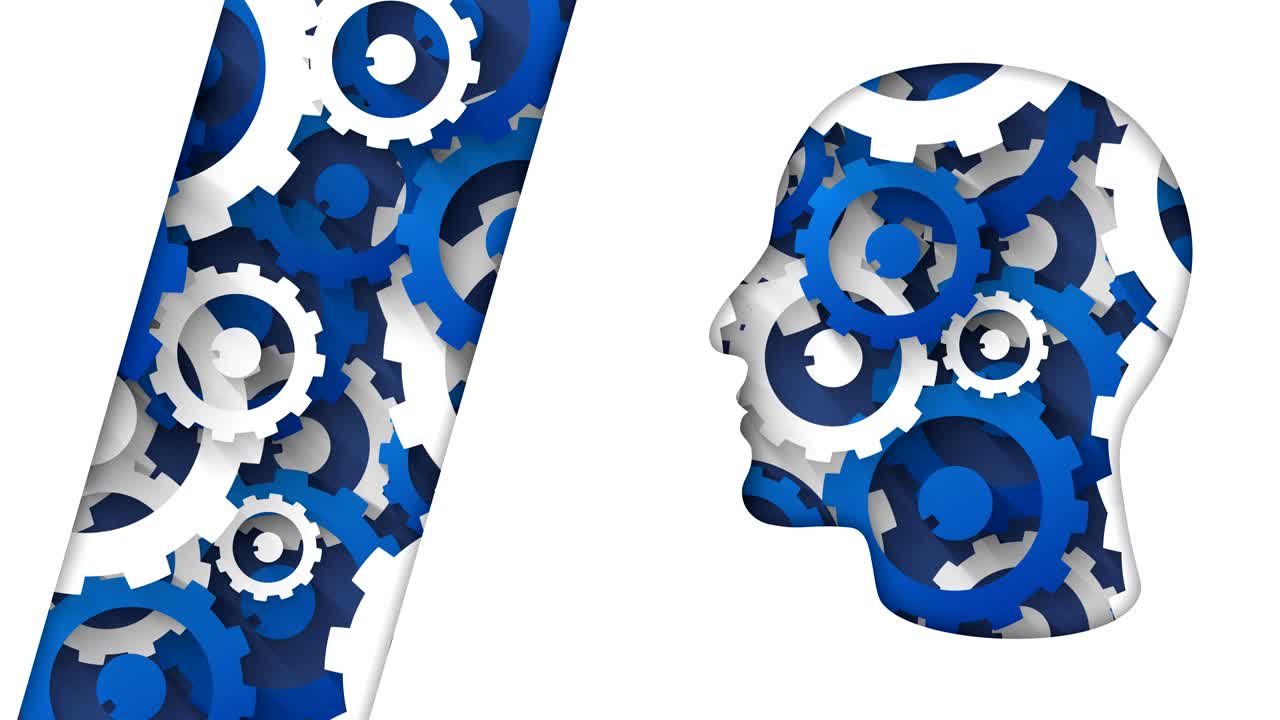 concepto de negocio de tecnología cabeza humana fondo de engranajes blancos azules