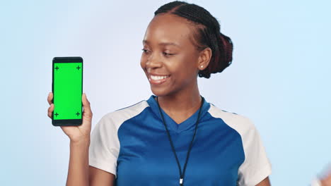 Woman,-phone-and-green-screen-with-thumbs-up